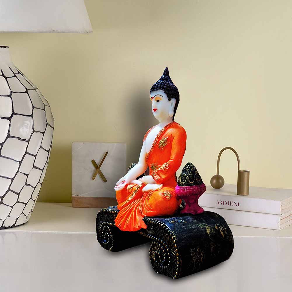 Orange White Marble Meditating Buddha For Display